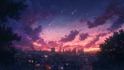 City skyline glows beneath a dreamy meteor-swept sunset sky