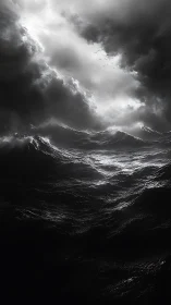 Dark stormy ocean waves under heavy dramatic sky.