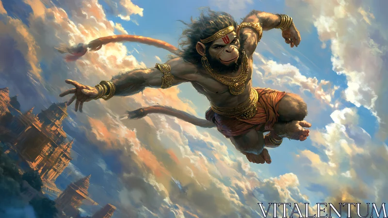 Soaring monkey warrior glides across a glowing sky