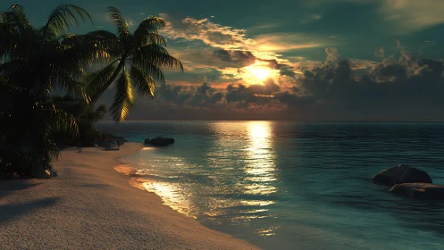 Tropical Beach Sunset with Palm Trees and Ocean.