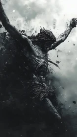 Fragmenting cruciform statue in high-contrast atmospheric shatterfield.