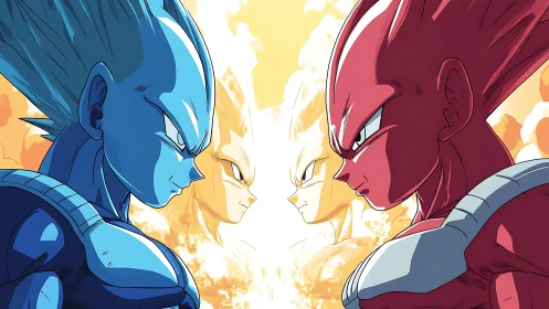 Blue and red armored warriors confront face to face
