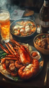 Seafood platter and beer rendered in warm digital painting