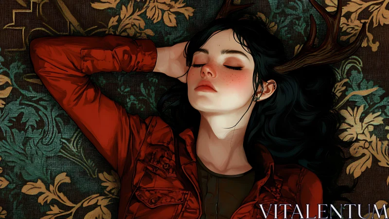 Forest dreamer with antlers drifts on embroidered dusk