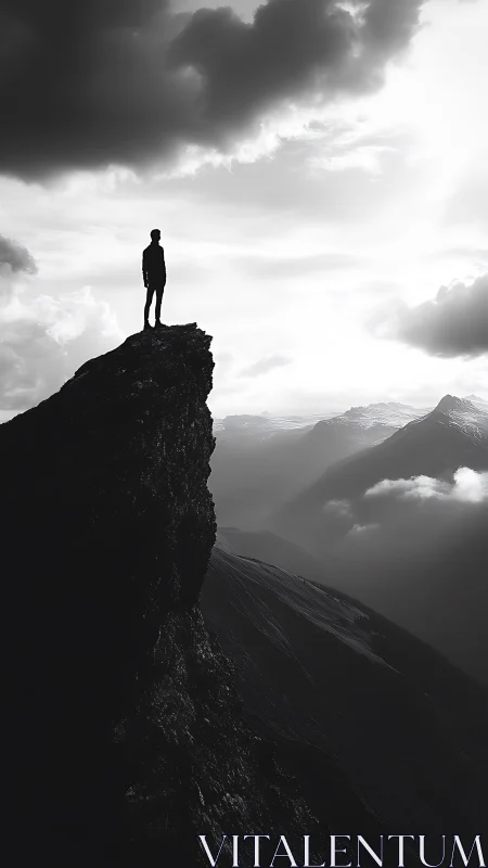 Solitary hiker stands on jagged cliff above misty peaks