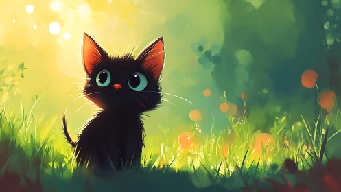 Black Cat in Grass with Flowers and Bokeh Light Effects