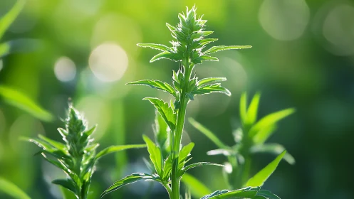 Sunlit green plant in soft-focus bokeh garden scene.