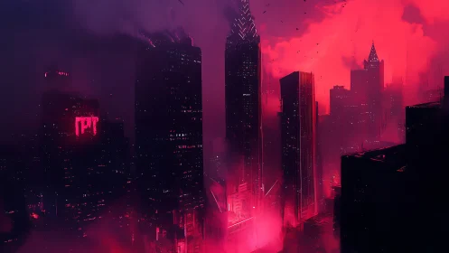 Neon magenta cyberpunk skyline with fog-drenched skyscrapers