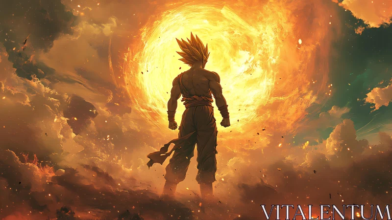 Backlit warrior silhouette confronts colossal stellar vortex