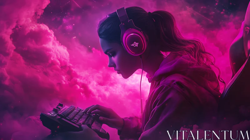 Side profile shows gamer with keyboard in pink nebula cloud