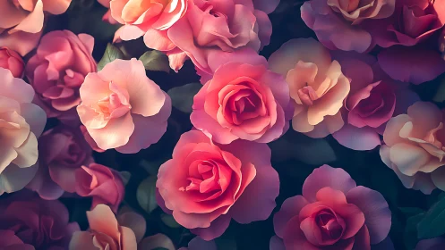 Luminous Rose Garden. Soft Pink Blooms Backlit by Golden Hour.