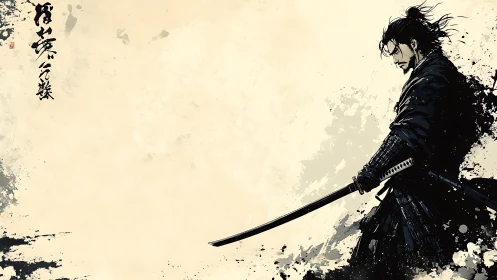 Ink-wash samurai warrior profile with drawn katana blade poised