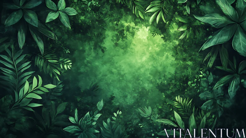 Lush jungle canopy frames a glowing green clearing below