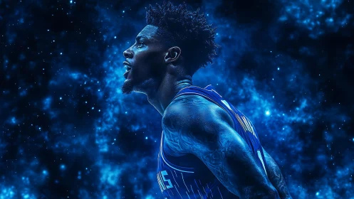 Basketball player ascends through glowing cosmic blue haze