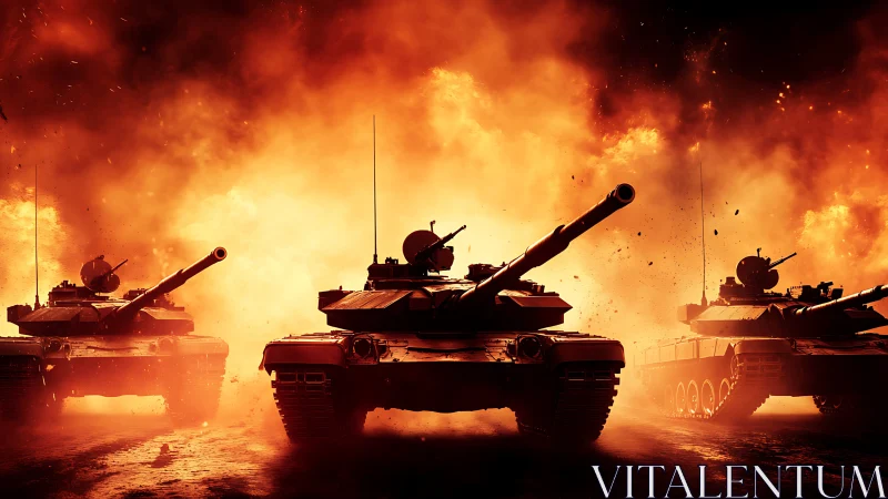 Armored Inferno: Three Tanks Charging Through Apocalyptic Flames.