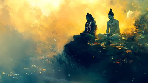 Twin mystic figures meditating on a glowing clouded cliff.