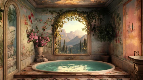 Luxe classical bath retreat with sunlit mountain panorama.