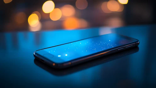 Sleek smartphone reflects city bokeh in cool blue light.
