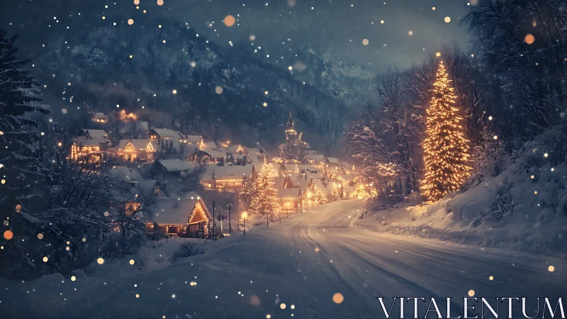 Snowy winter village road with warm holiday lights at night.