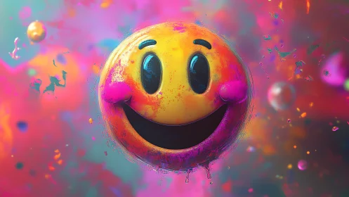 Smiley face sphere in saturated abstract color field.