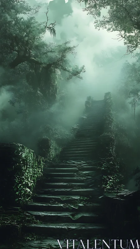 Misty jungle stairway climbs toward a forgotten emerald realm.