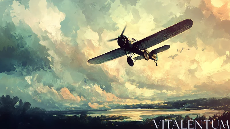 Monoplane traversing atmospheric turbulence over riverlands.