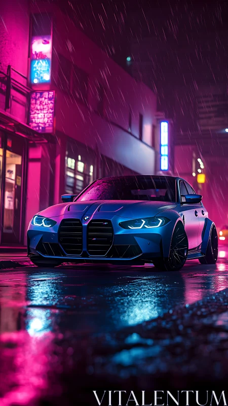Neon rainstorm crowns a blue performance sedan in night glow.