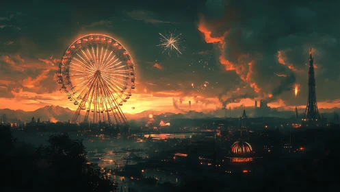 Nocturnal ferris wheel skyline in industrial sunset panorama.