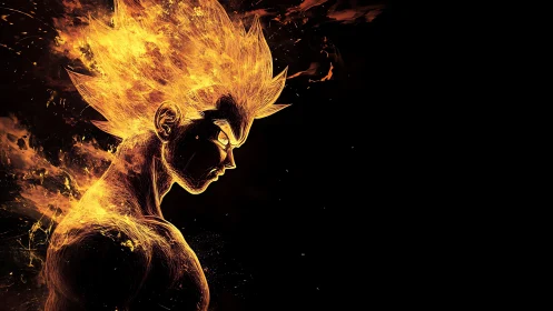 Fiery anime warrior glows with fierce golden power and focus