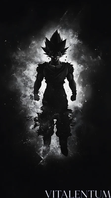 Monochrome energy silhouette of spiky-haired anime warrior.