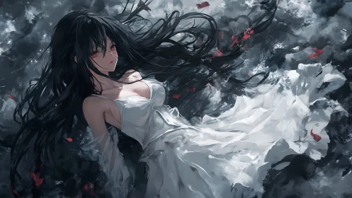 Dark haired girl rests in swirling white dress and gray mist