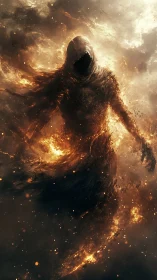 Hooded humanoid silhouette formed from swirling fire and smoke