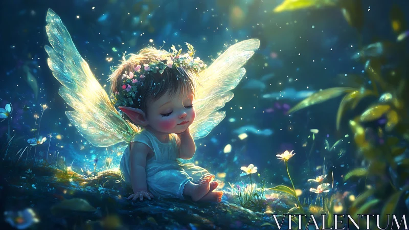 Sleeping fairy child rests in glowing forest clearing