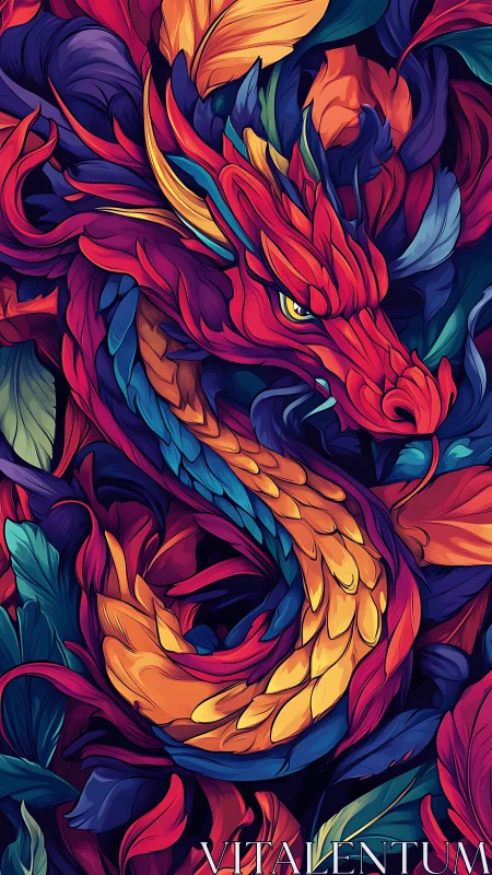 Coiled dragon illustration rendered in layered vibrant shapes