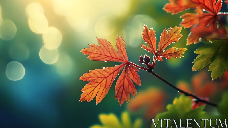 Glowing autumn maple leaves against dreamy bokeh light.