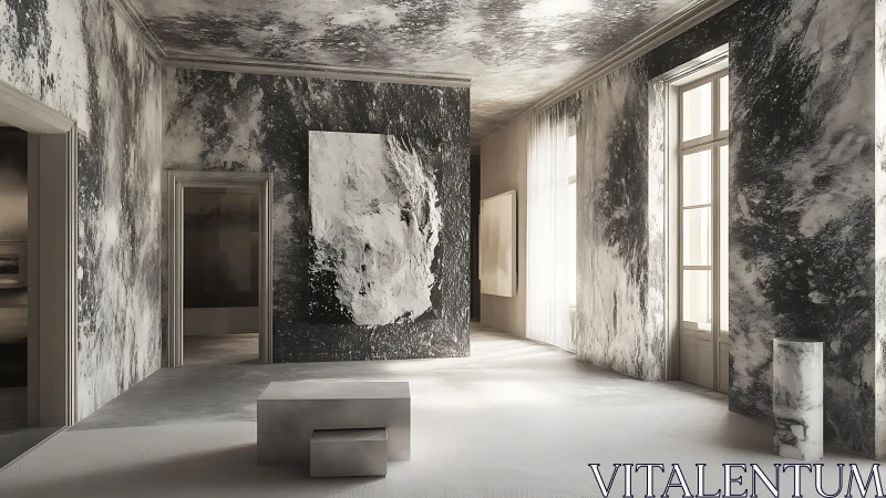 Monochrome marble-textured minimalist gallery interior space