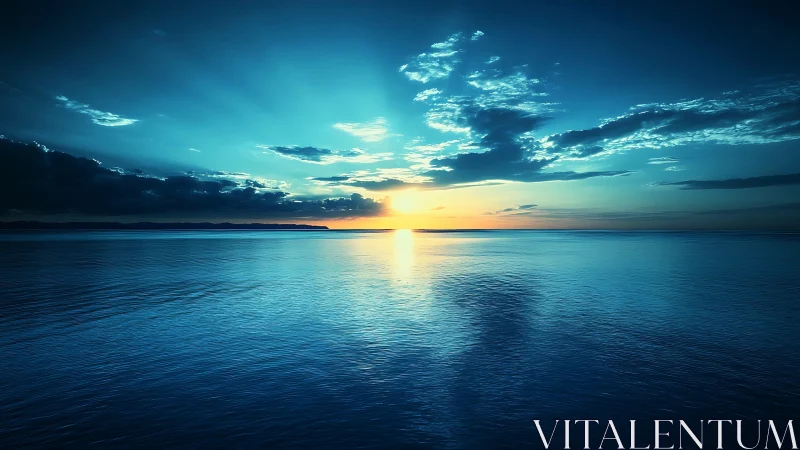 Radiant ocean sunrise with deep cyan reflective waters.