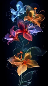 Luminous Petals Bloom: Neon Flowers Dance Against the Endless Night
