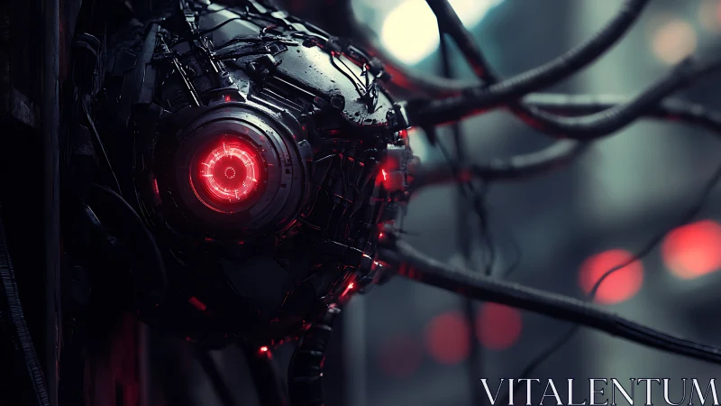 Cybernetic surveillance core with glowing red optic.