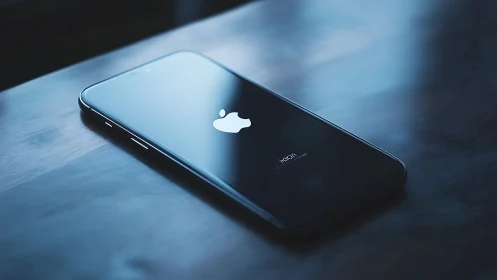 Black iPhone displaying illuminated Apple logo on studio surface.