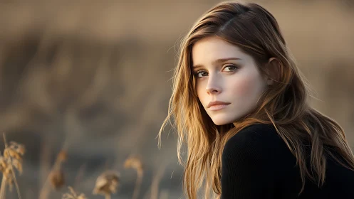 Young woman gazes over shoulder in soft golden dusk field