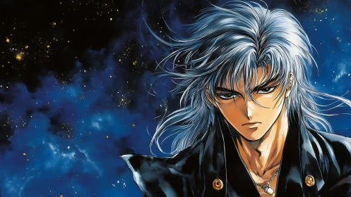 Silver haired anime warrior stares through cosmic night