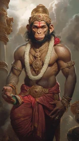 Divine monkey warrior in ornate regal armor and garlands.