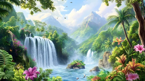 Emerald cascades and orchid skies above a secret valley.