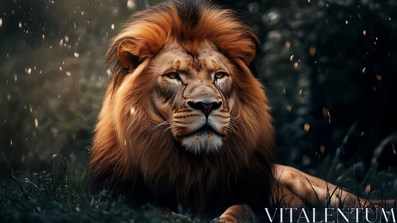 Majestic male lion resting in dark glowing forest light
