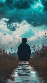 Solitary figure on reflective path beneath teal storm clouds.