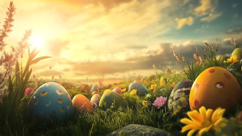 Sunlit meadow easter eggs glow under golden spring sky.