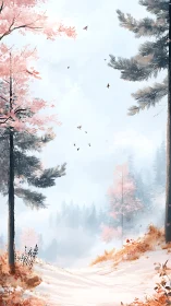 Soft winter sunrise tiptoes through a pastel forest path