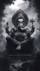 Monochrome forest deity holds quiet thunder in the mist.