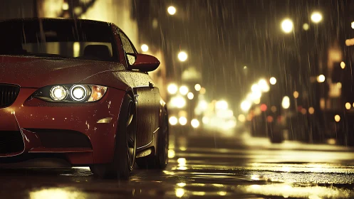Sport coupe headlights cut through rainy urban bokeh night